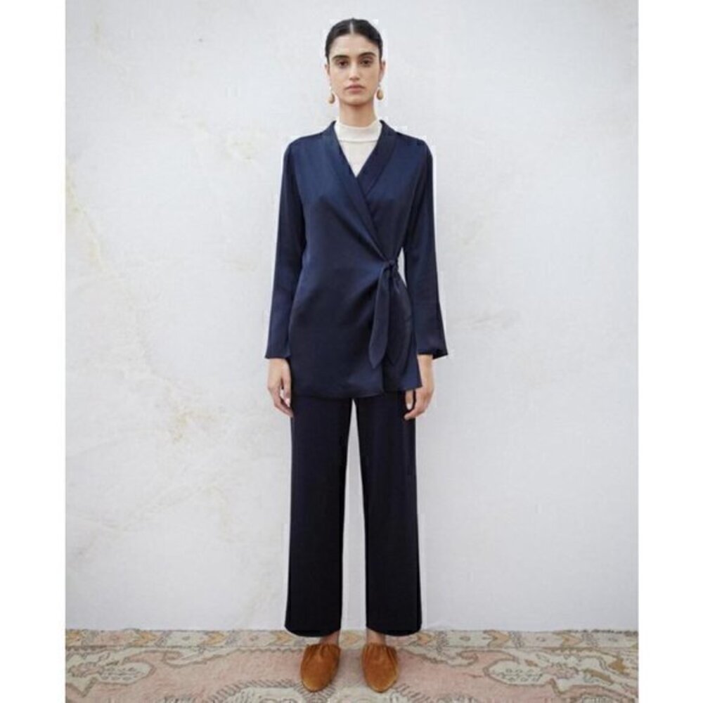 Nanushka Opium Satin Wrap Jacket Navy Blue Size M NWOT
